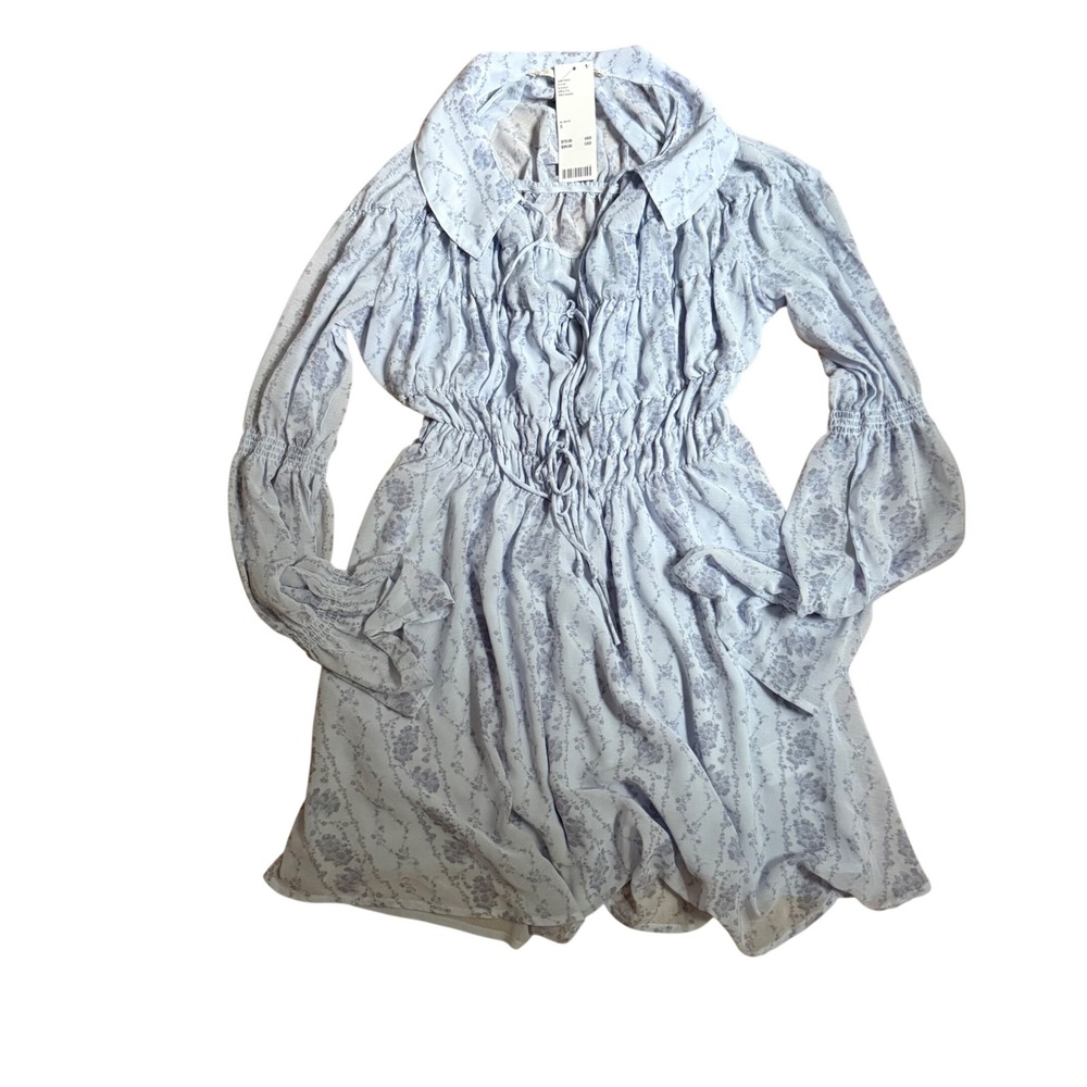 NWT Urban Outfitters Kimchi Blue Floral Mini Dress Blue Smocked Tie Front Small - Picture 6 of 7